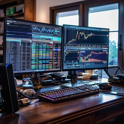 A dual-monitor setup displaying stock market charts, graphs, and trading data on a dark-colored desk with a keyboard, mouse, and office supplies, with a window in the background.