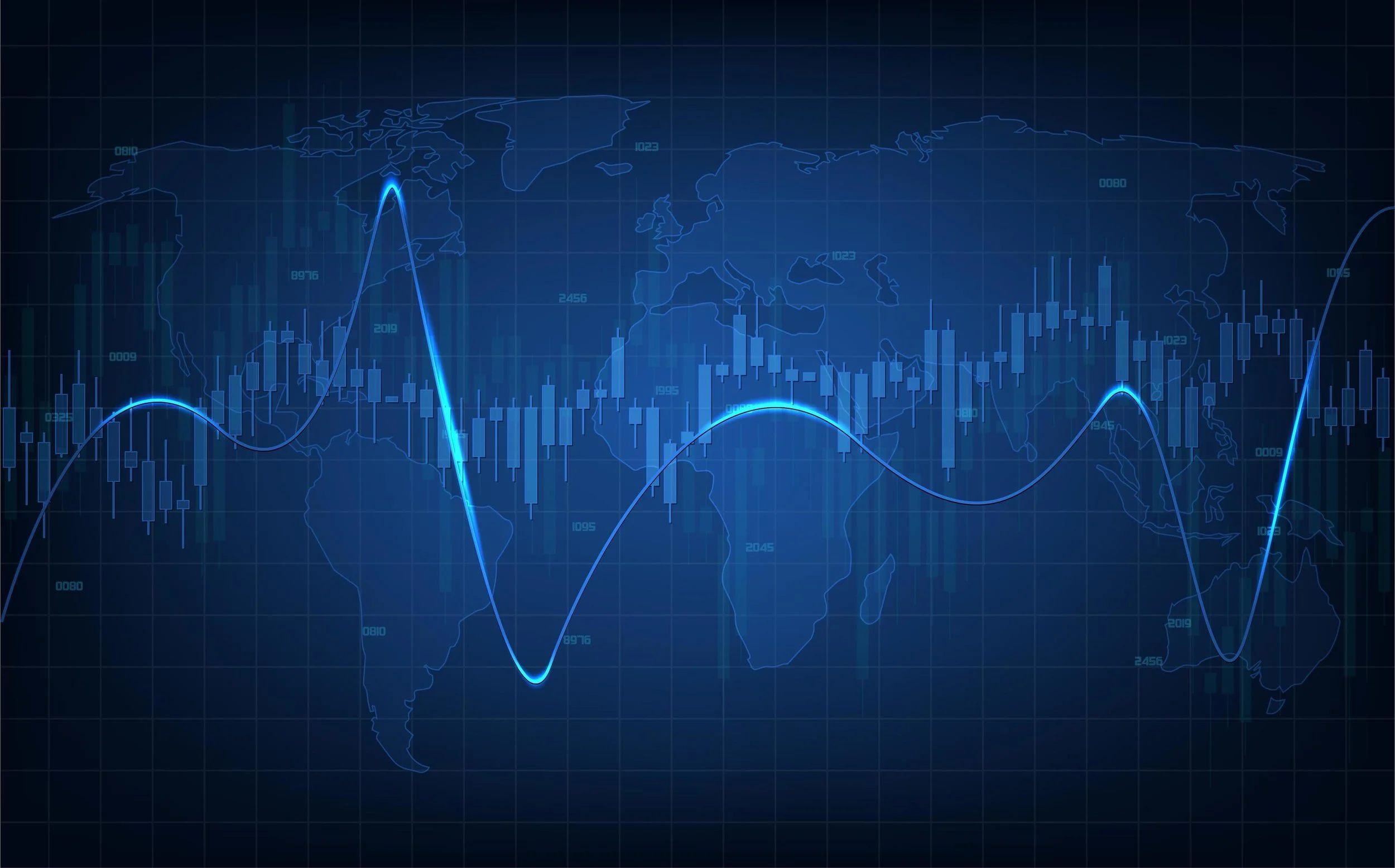A digital world map overlaid with green and blue financial data and trend lines showing stock market fluctuations.