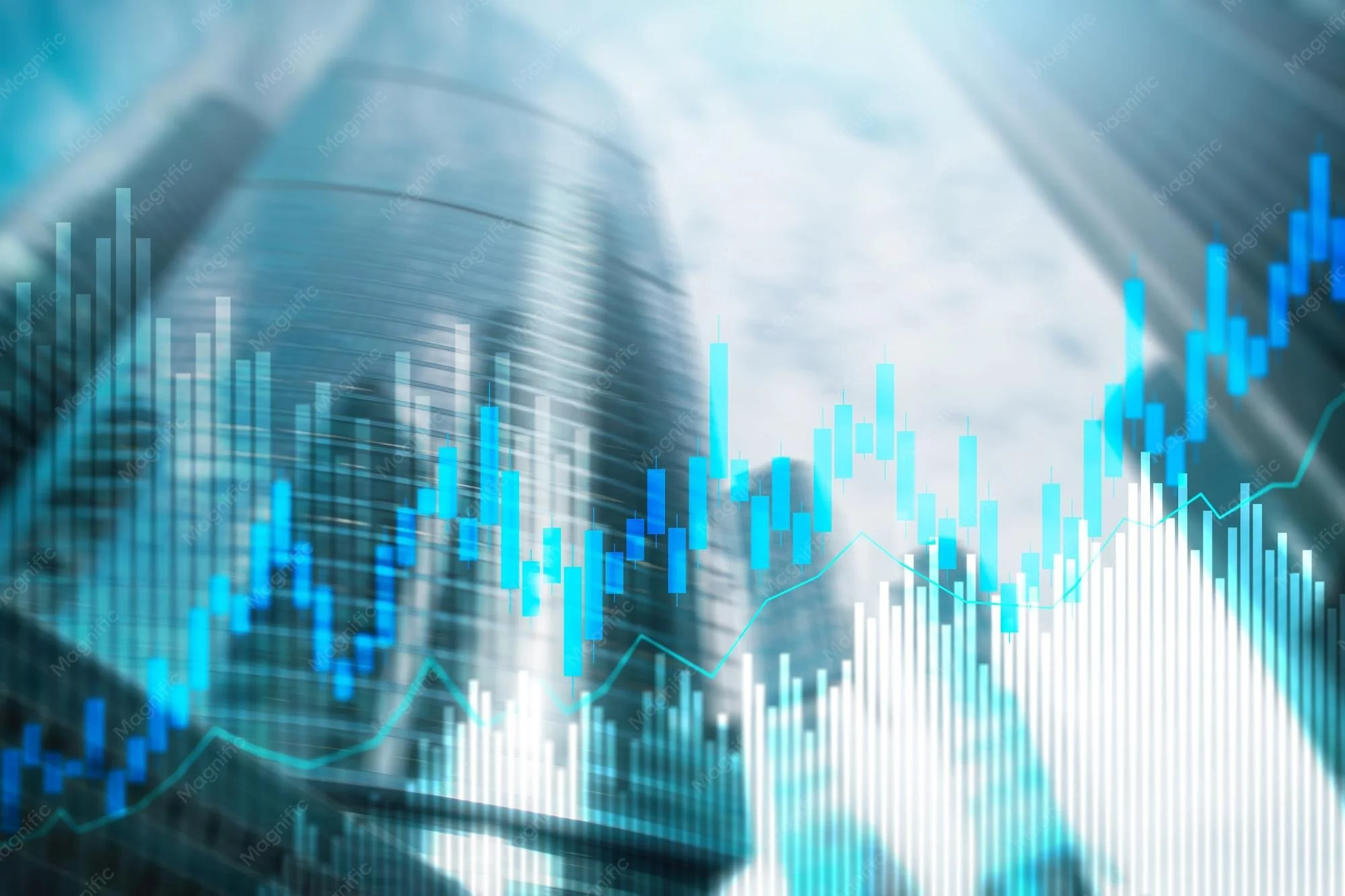 Digital financial chart with blue candlestick graphs and line graphs overlay, displaying stock market or financial data.