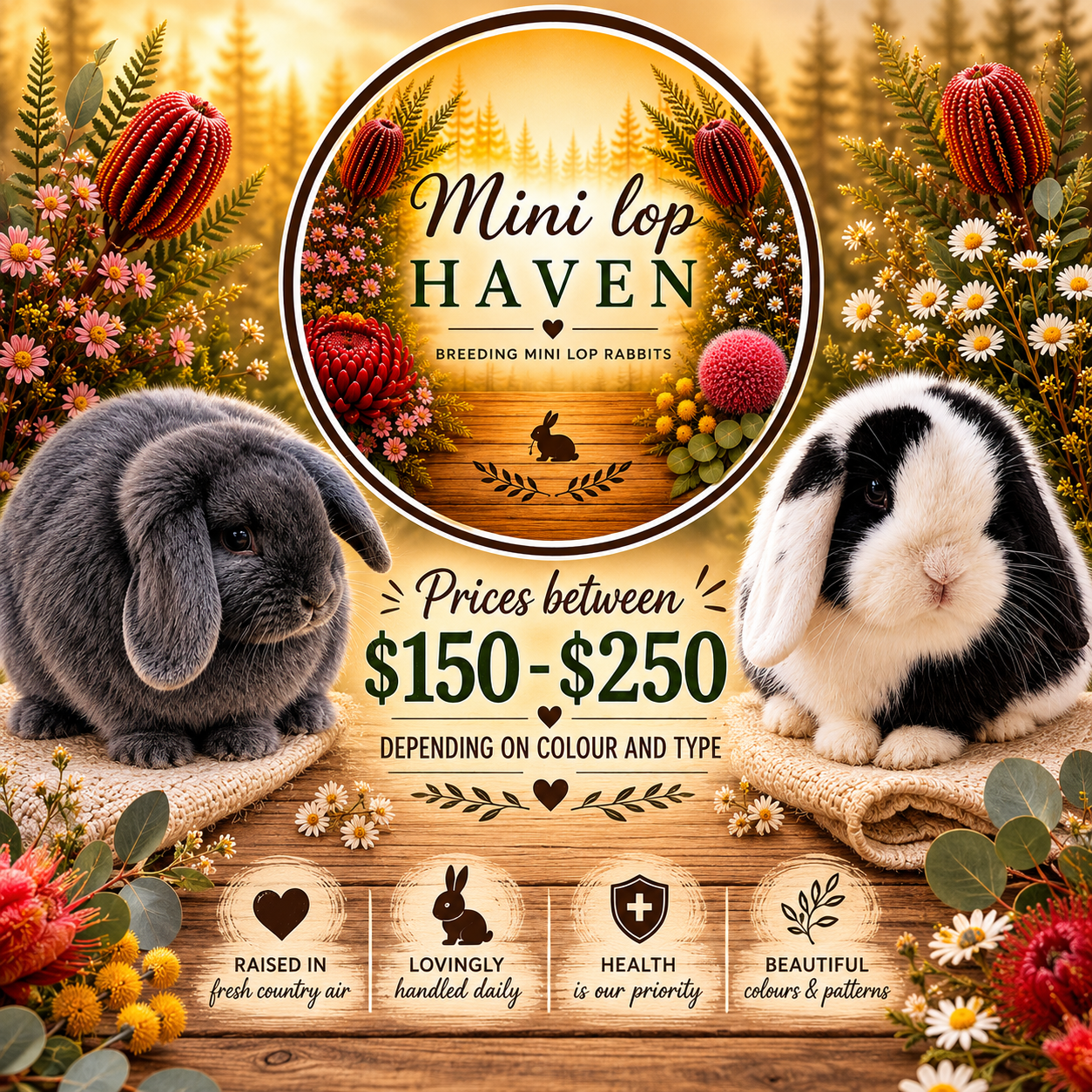 A colorful advertisement for Mini Lop Haven rabbit breeding, featuring two adorable mini lop rabbits, a background of flowers and trees, with information on prices ranging from $150 to $250, depending on color and type, and icons indicating the rabbits are raised in fresh country air, handled daily with care for health, and are beautiful.