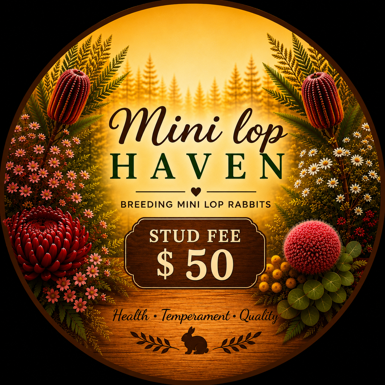 Sign for Mini Lop Haven, a breeding mini lop rabbits farm, displaying a $50 stud fee and emphasizing health, temperament, and quality with decorative flowers and a background of trees.