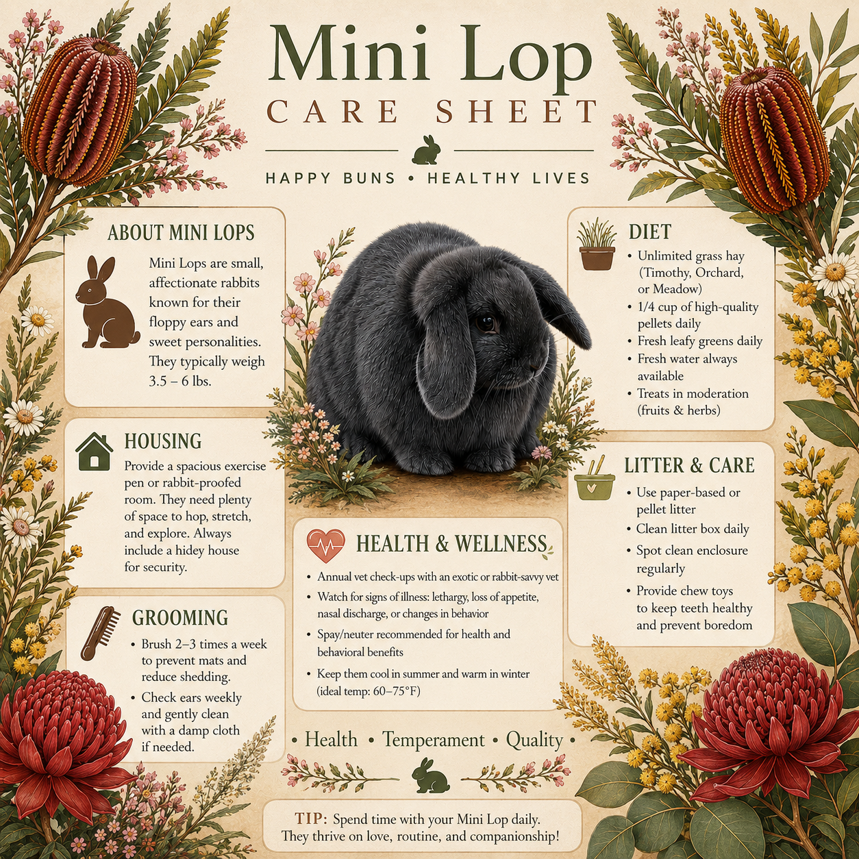A colorful infographic titled 'Mini Lop Care Sheet' featuring a black Mini Lop rabbit at the center surrounded by flowers and plants, with sections on about Mini Lops, housing, grooming, health and wellness, diet, and litter & care.