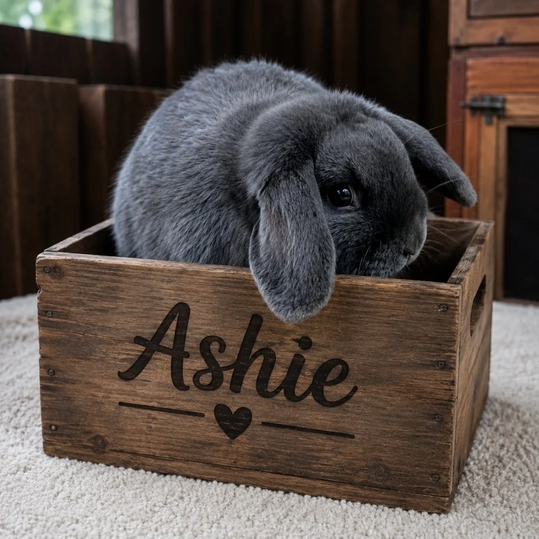 A gray bunny with floppy ears sitting in a wooden box labeled "Ashie" with a heart symbol. The background shows a wooden interior and carpeted floor.
