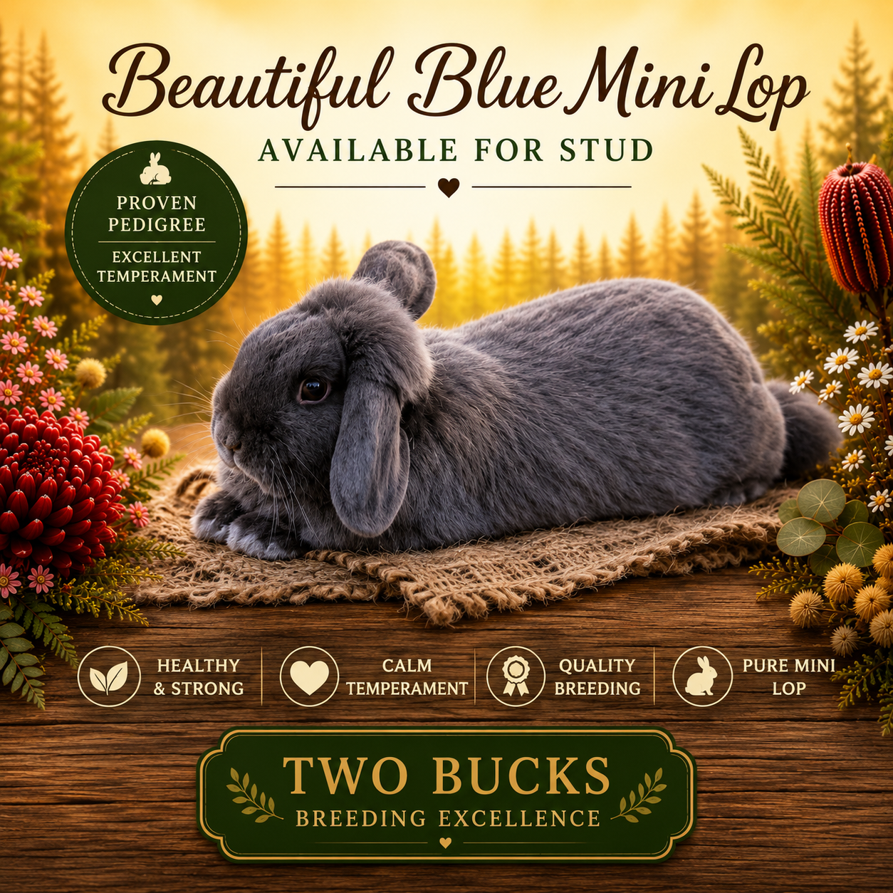 A promotional image of a gray mini lop rabbit laying on a rustic wooden surface, surrounded by colorful flowers and ferns, with a background of a forest and sunset sky. The image emphasizes breeding qualities such as health, calm temperament, and quality breeding.