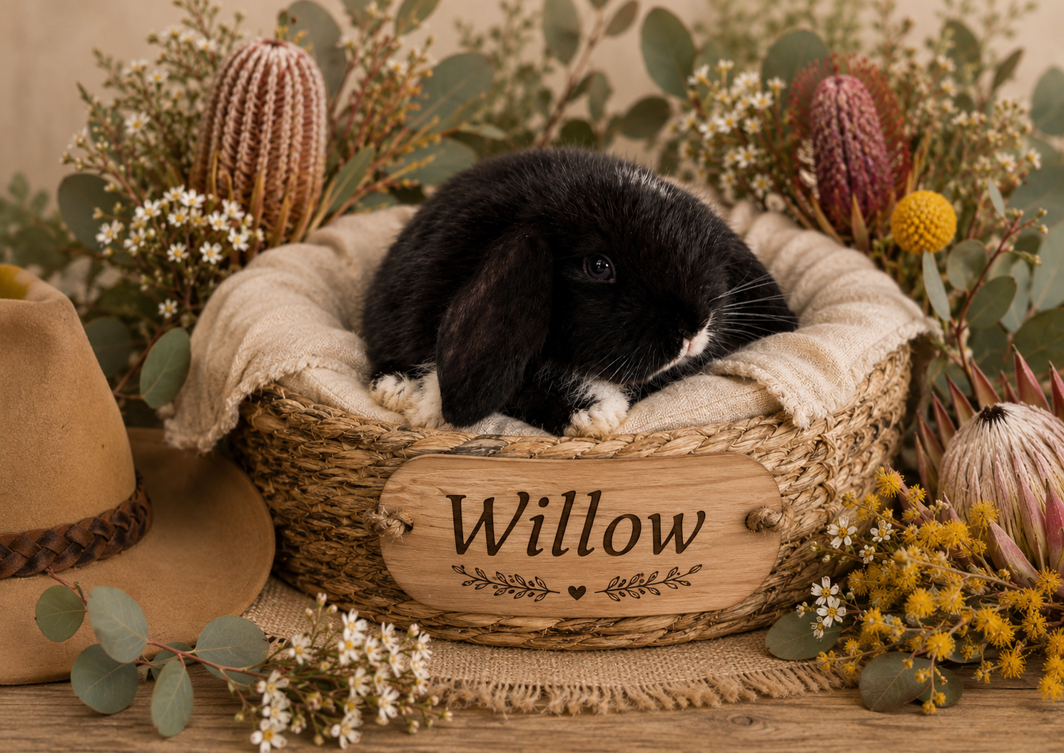 A black rabbit with white paws and a white nose resting in a woven basket with a cloth lining, labeled "Willow", surrounded by flowers, including protea, daisies, and eucalyptus, with a beige hat nearby.