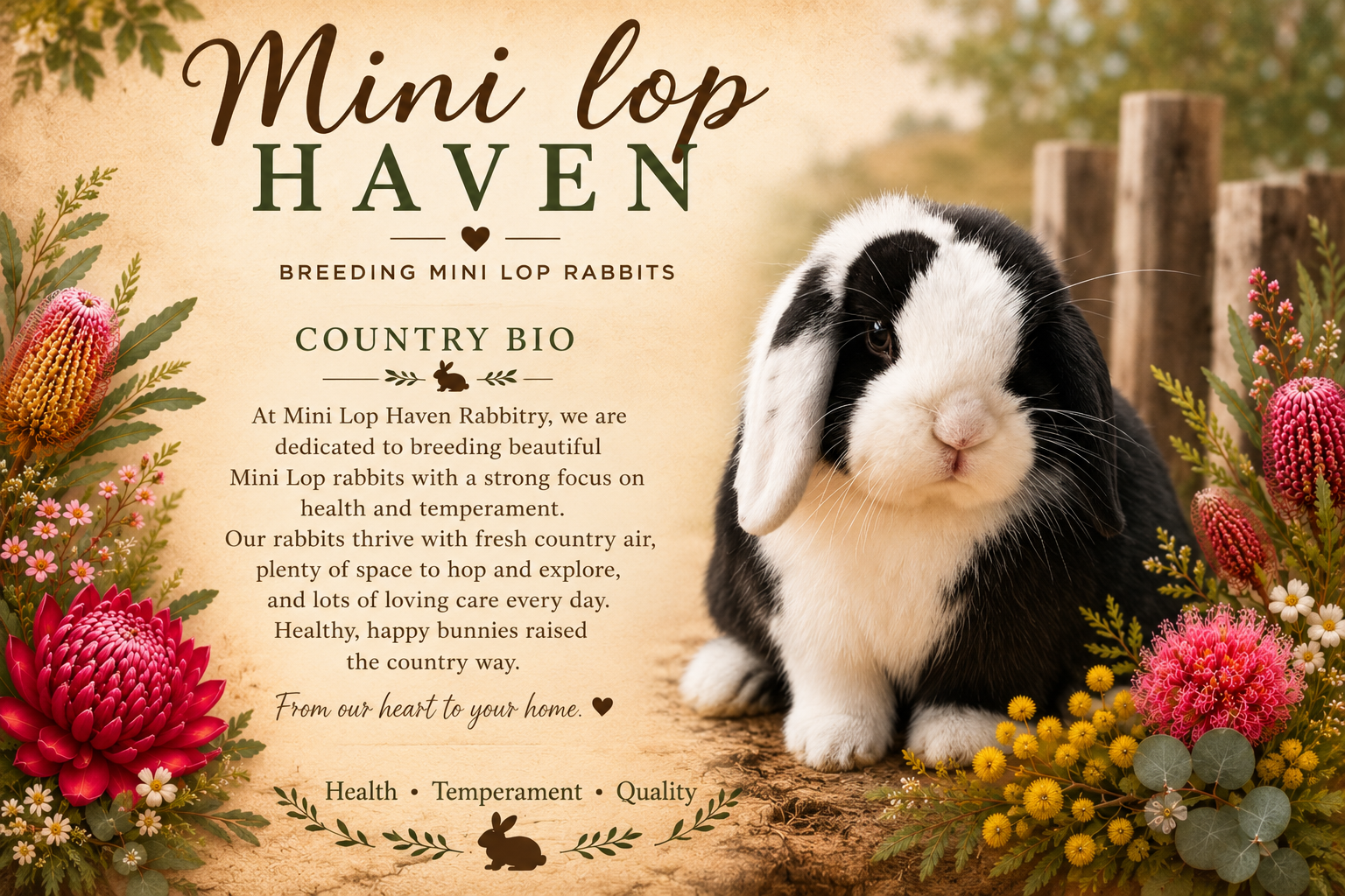A promotional flyer for Mini Lop Haven, a breeder of Mini Lop rabbits, featuring an adorable black and white rabbit with a background of colorful flowers and rustic wooden fences.