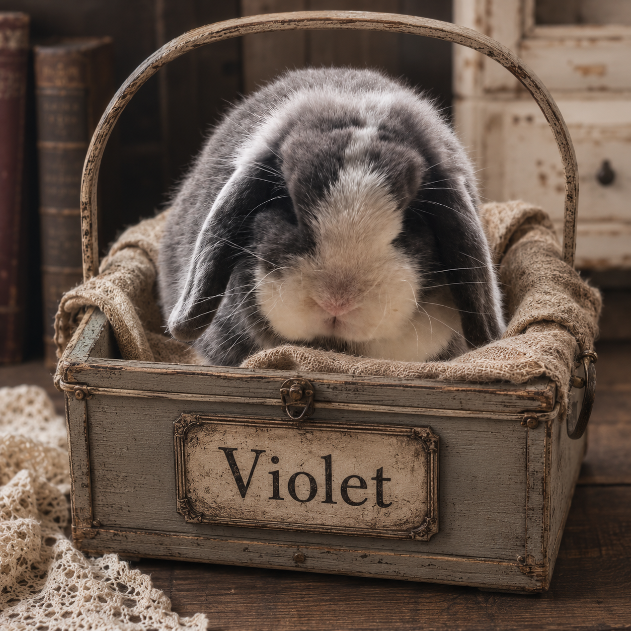 A gray and white bunny with floppy ears resting in a rustic wooden basket labeled 'Violet'.