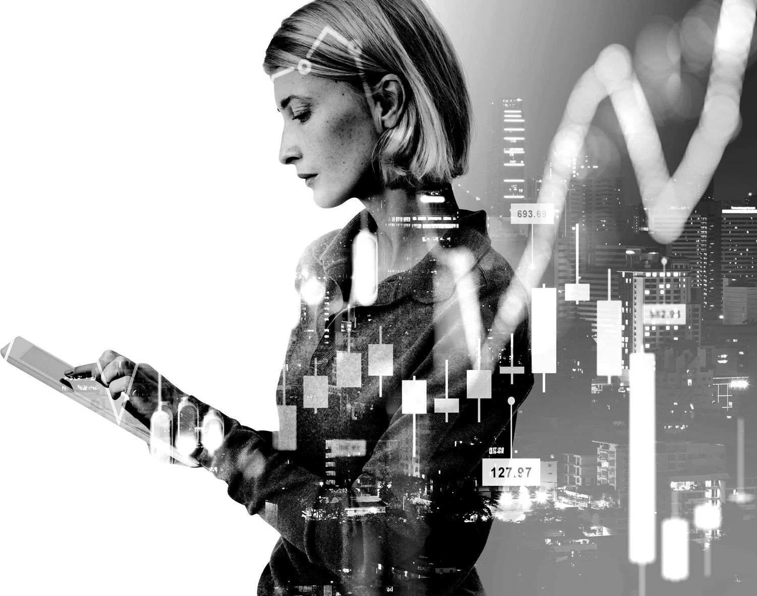 A black and white image of a woman with short hair looking at her phone, with digital financial data and cityscape overlayed, illustrating technology and finance concepts.
