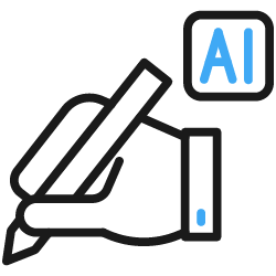 Icon of a hand holding a stylus pen writing on a digital tablet with an AI label