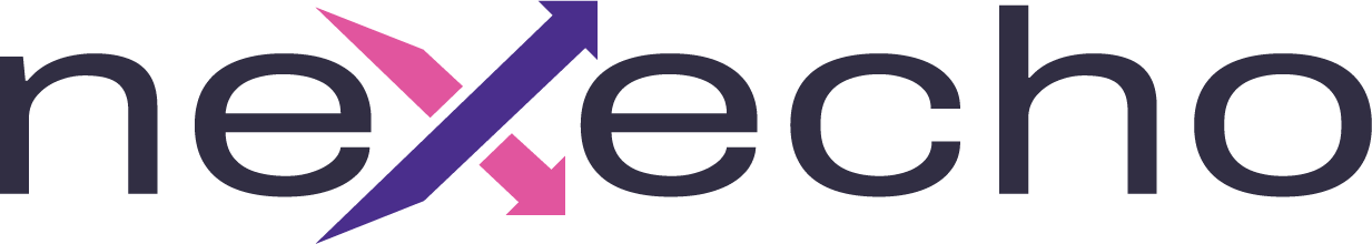 The logo features the word 'nexe' with a stylized purple arrow crossing through the letter 'x' and pink arrows pointing in opposite directions.