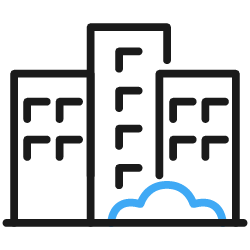 Line drawing of three modern high-rise buildings with a cloud at the base.