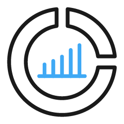 Stylized circular chart with a rising bar graph inside, representing growth or data analytics.