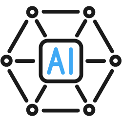 Icon representing AI with interconnected nodes around a central square labeled 'AI'