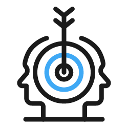 Line drawing of two human profiles facing each other with a target and an arrow in the center, representing focus or targeting the mind.
