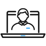 Outline of a person wearing glasses sitting at a desk with a computer.