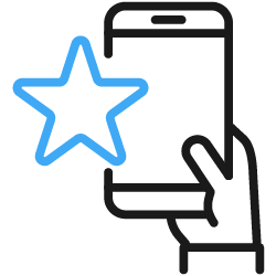 Outline of a smartphone with a hand tapping the screen and a blue star next to it