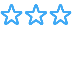 Three outlined stars with a pointing hand below, suggesting a five-star rating.