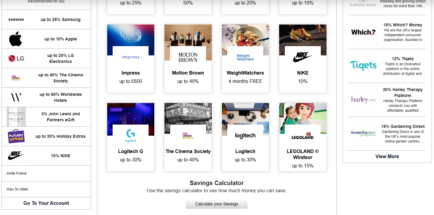 Various promotional discount offers and product images on a shopping website, including brands like Molton Brown, Weight Watchers, Nike, Logitech, LEGO Land, and The Cinema Society, along with a savings calculator button.