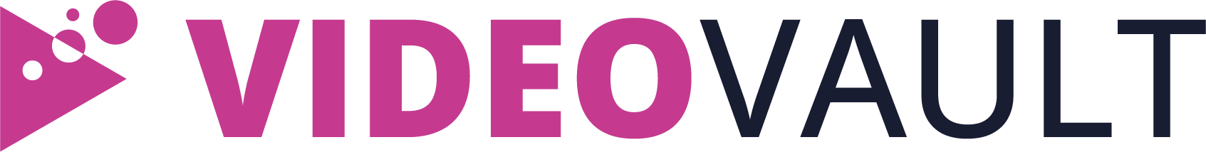 Colorful logo with purple and black text that reads 'VIDEOVault' with a stylized pink arrow pointing to the left and small purple and white circles around it.