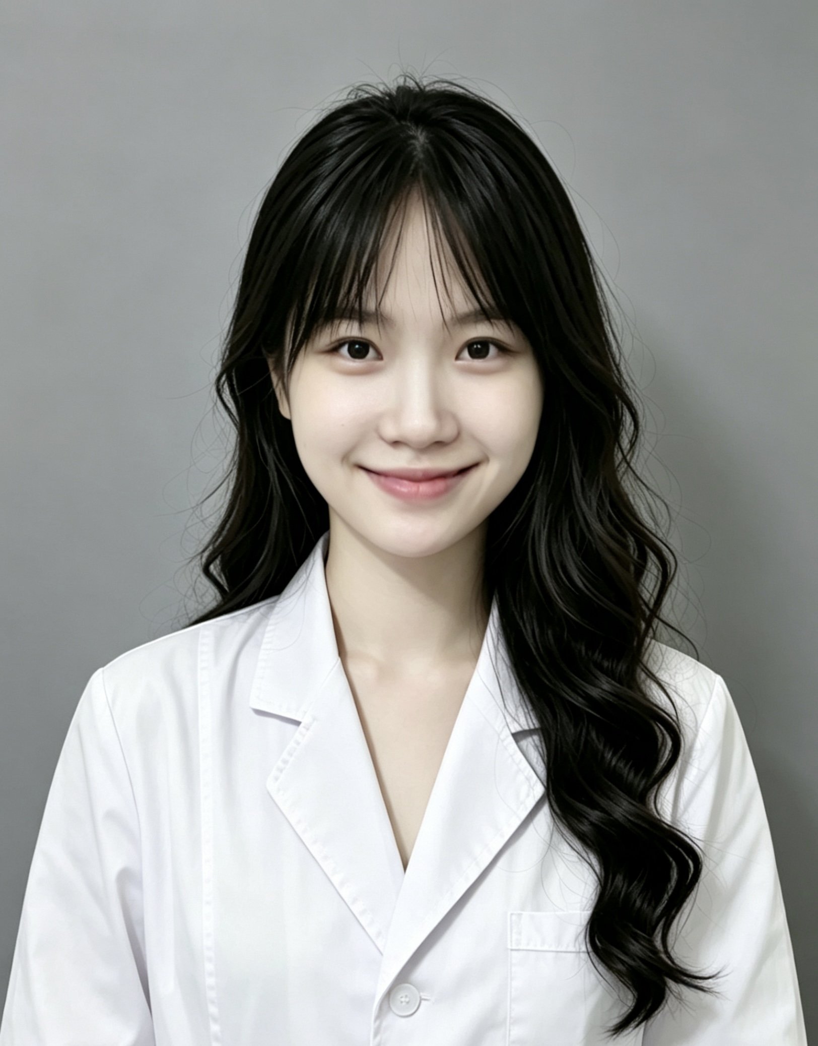Close-up of a young woman with long, wavy black hair wearing a white lab coat, smiling, against a gray background.