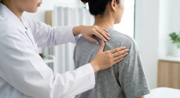 Medical professional examining a woman's shoulder in a clinical setting.