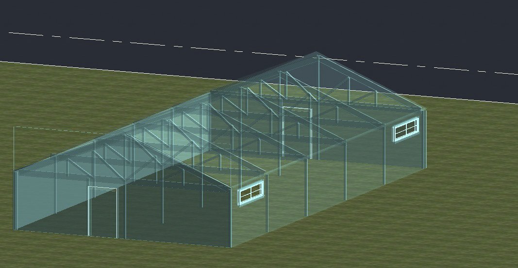 A digital rendering of a greenhouse with transparent walls and roof, situated on a grassy area near a road.