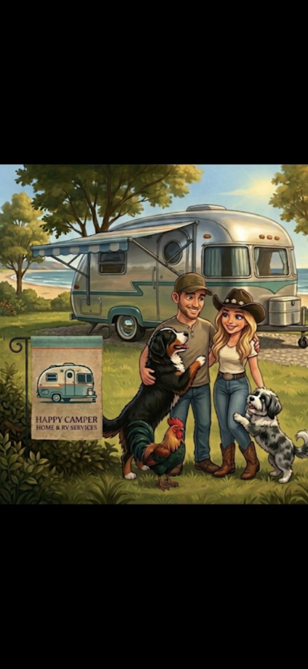 A cartoon illustration of a happy couple with two dogs standing in front of a vintage camper trailer at a beach campsite with trees and the ocean in the background. There is a sign that reads 'Happy Camper Home & RV Services'.