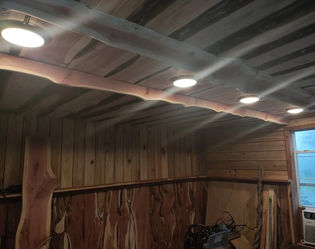 Ceiling with exposed pipes and four recessed lights in a wood-paneled room.