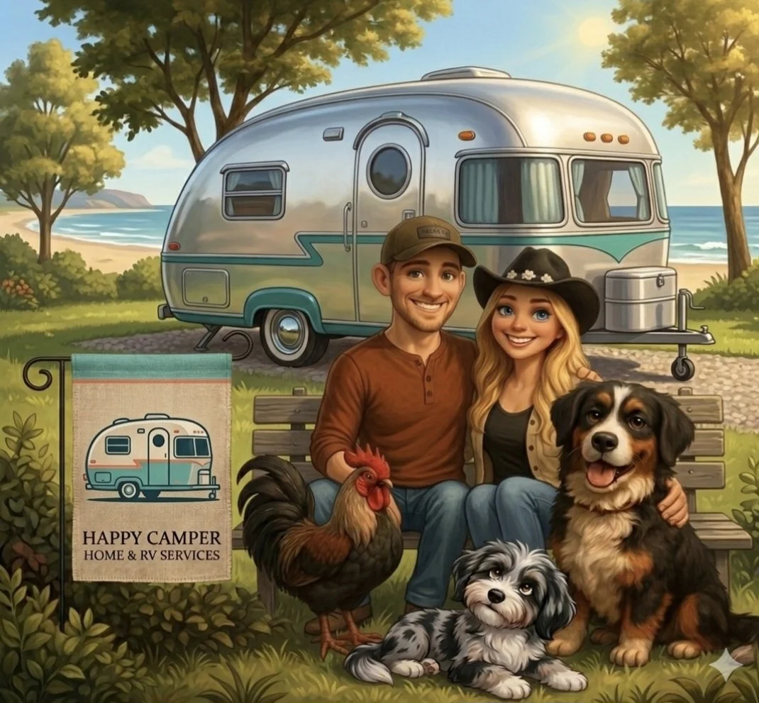A happy couple sitting on a park bench with their two dogs and a chicken, in front of a vintage camper trailer near a beach with trees and ocean in the background.