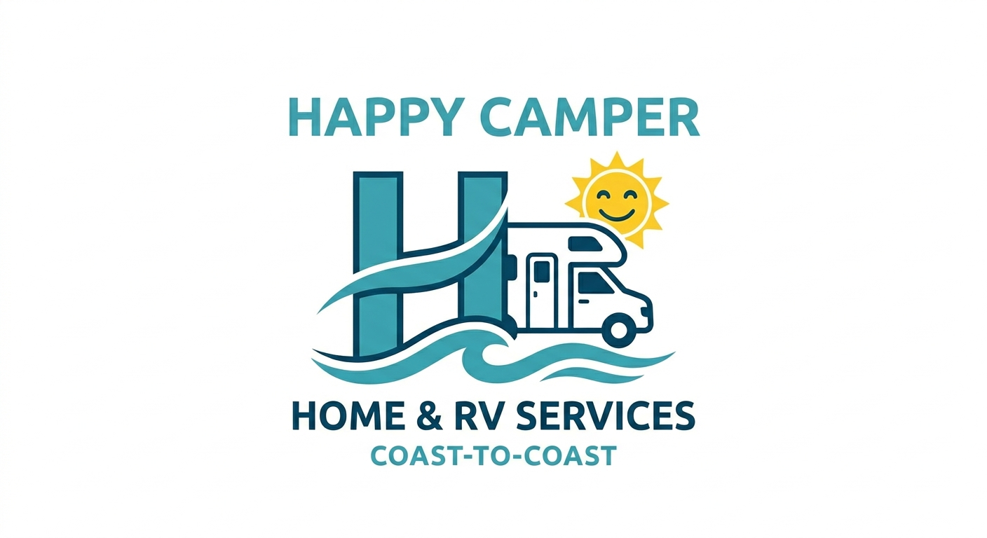 Logo for Happy Camper Home & RV Services featuring a stylized camper, water waves, a bright sun with a smiling face, and text indicating coast-to-coast service