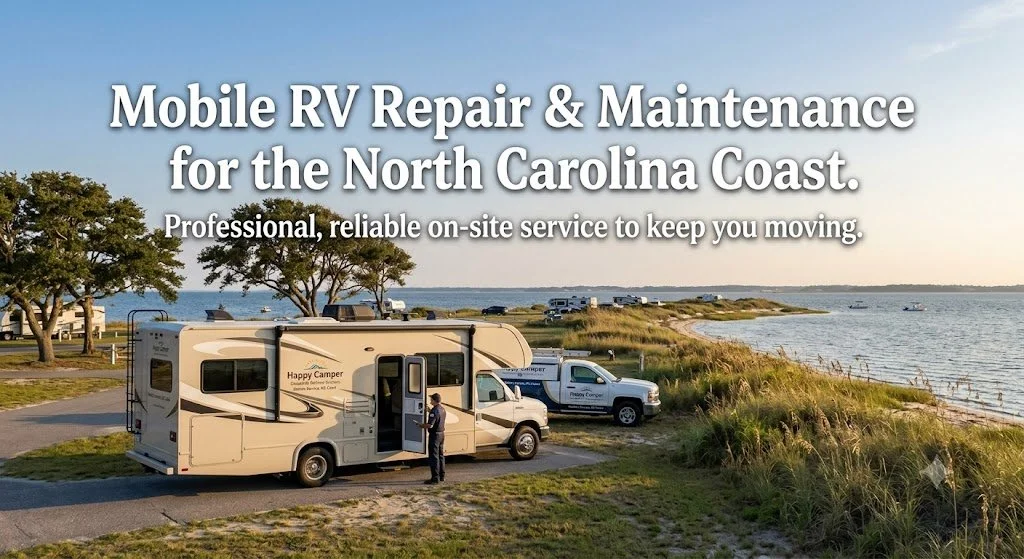 An RV parked near the coast with trees, grassy dunes, and water in the background. Multiple RVs and service trucks are visible. The scene suggests a coastal campsite for RV repair services.