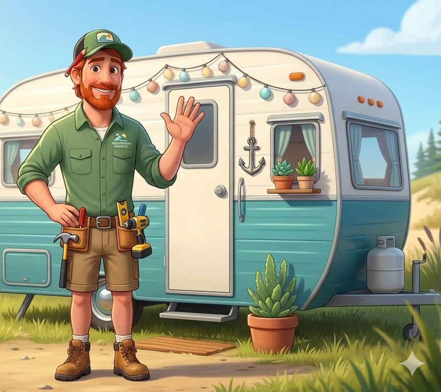 Cartoon man standing next to a vintage camper trailer decorated with string lights and an anchor ornament, holding a hand in a greeting gesture, with tools in his pocket and plants nearby.