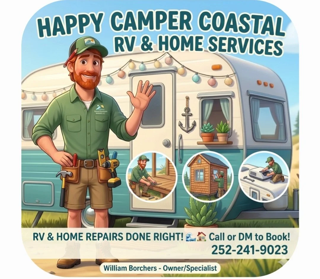 Illustration of a man with a beard, wearing a green shirt and shorts, standing in front of a camper trailer, waving. The scene includes small inset images of RV and home repair work, with the text "Happy Camper Coastal RV & Home Services" and contact information at the bottom.