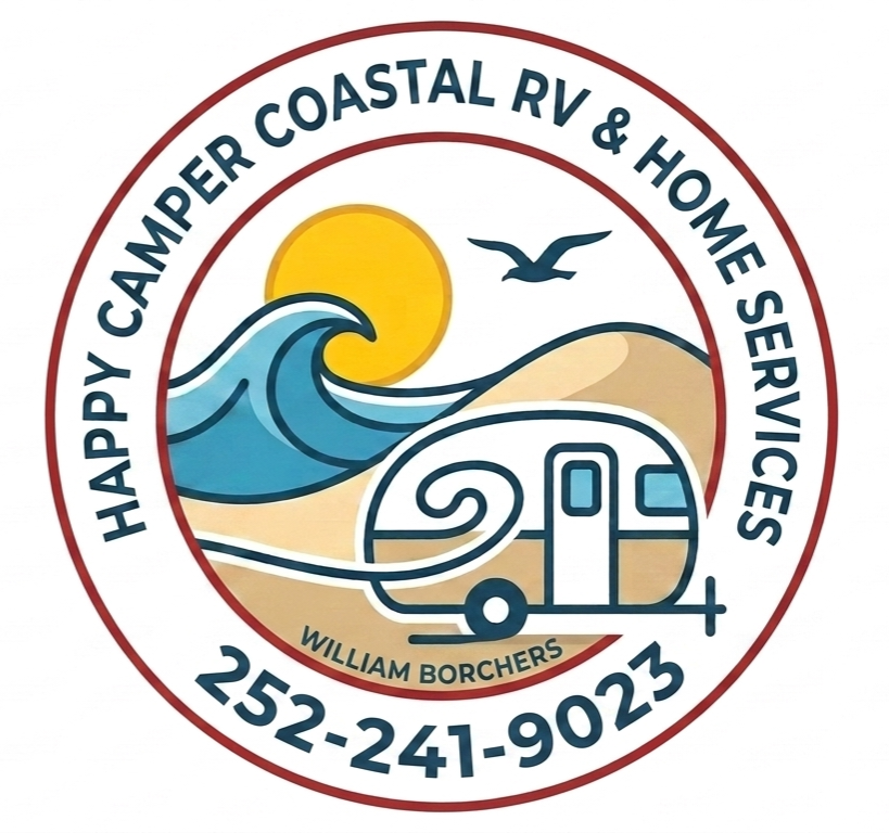 Logo for Happy Camper Coastal RV & Home Services featuring a sun, ocean wave, seagull, and RV, with contact number 252-241-9023 and the name William Borchers.