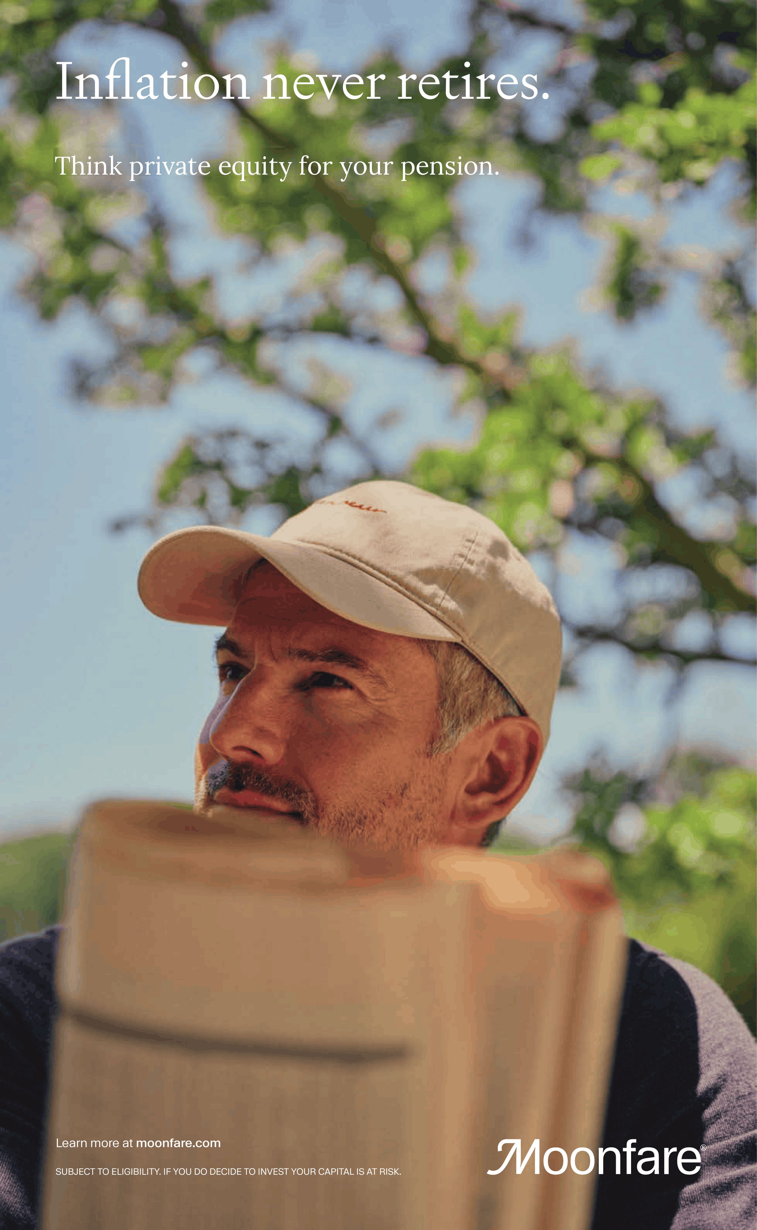 A man in a beige cap is smiling outdoors, with green tree branches and blue sky in the background. The image promotes private equity for pension investments, with the text 'Inflation never retires. Think private equity for your pension.'