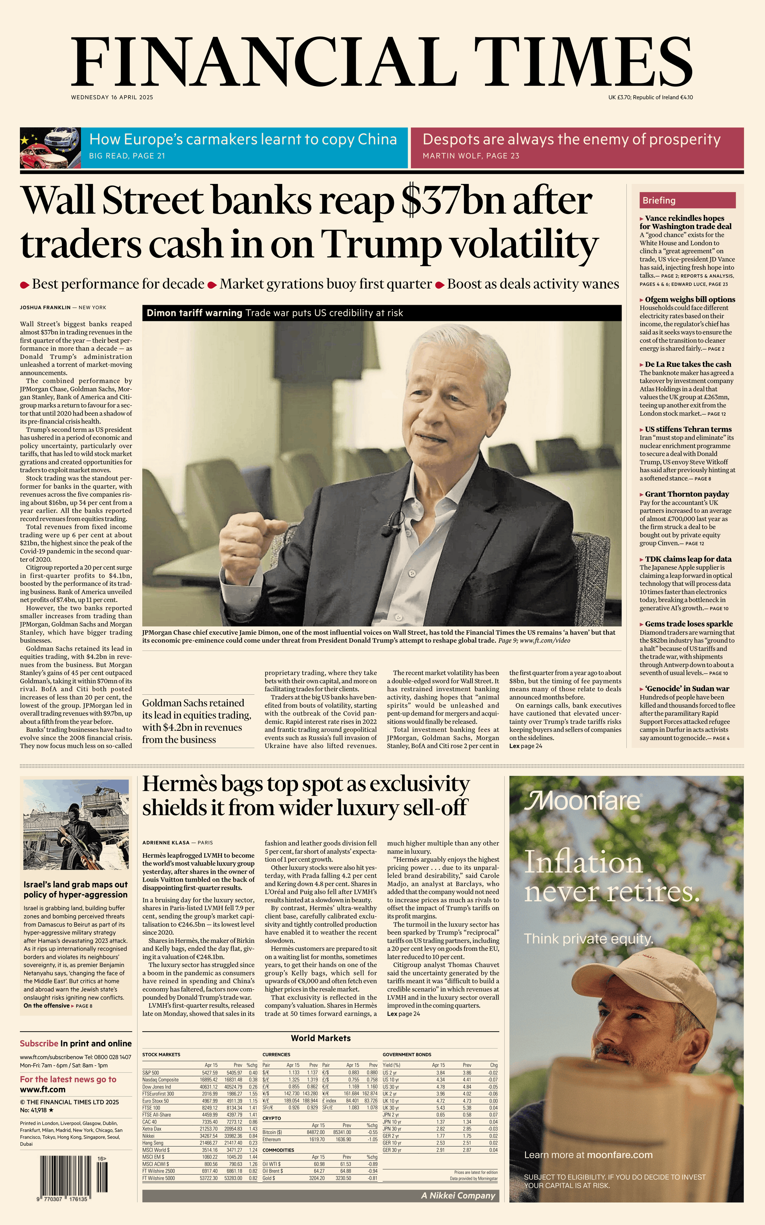 Front page of the Financial Times newspaper dated Wednesday, April 16, 2025, featuring headlines about Wall Street's market surge, various financial stories, and an advertisement at the bottom right with a man wearing a cap.
