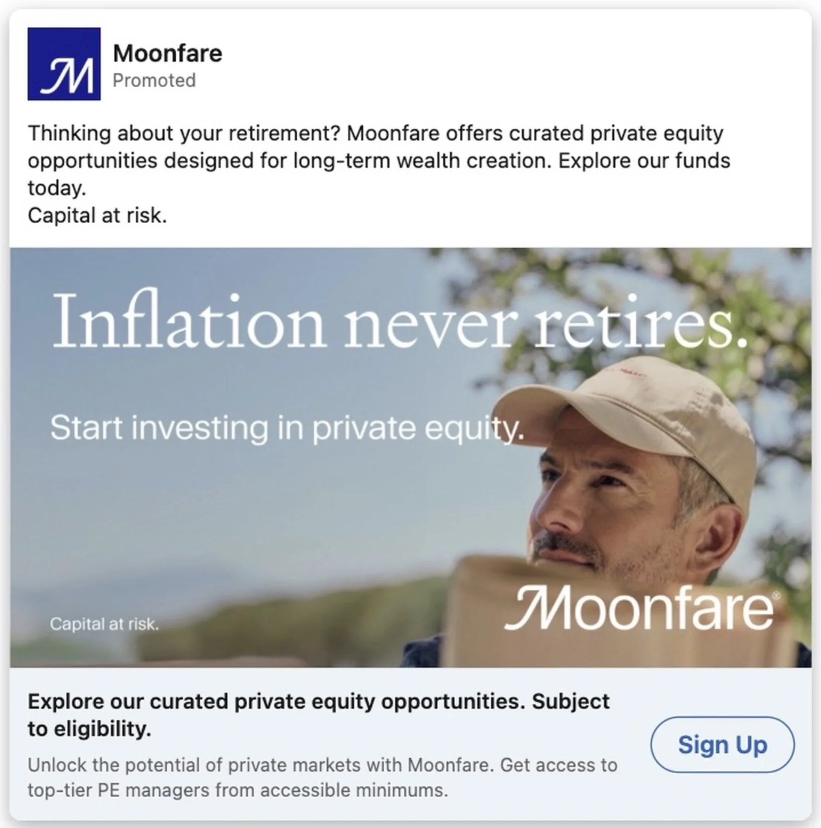 Advertisement for Moonfare private equity investment platform with the slogan 'Inflation never retires.' a man wearing a beige cap is outdoors, with a couple of trees and a blue sky visible in the background.