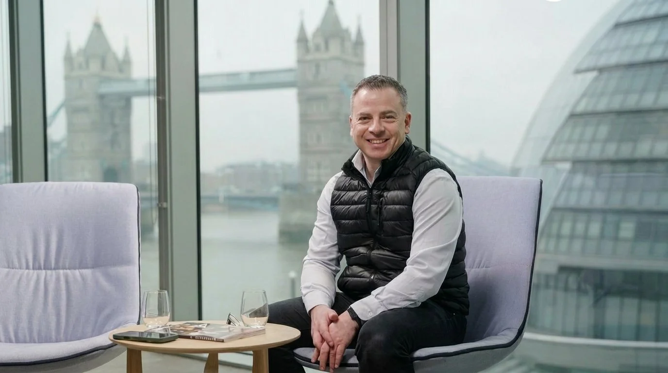 A smiling man sitting in a modern office with large windows overlooking London, including Tower Bridge and city skyscrapers. He is wearing a black puffer vest over a light shirt, seated at a round table with two glasses of water, a smartphone, and a magazine.