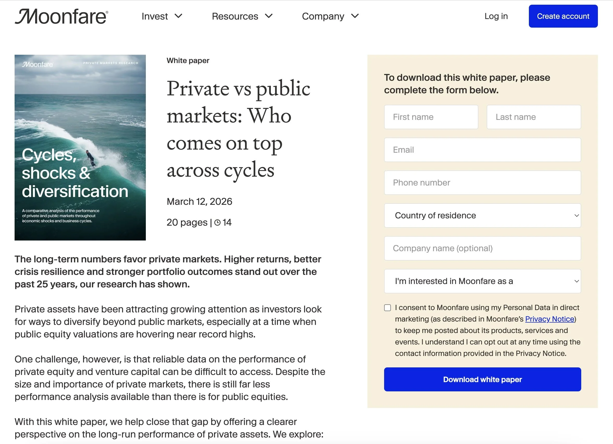 Screenshot of a webpage from Moonfare featuring a white paper titled 'Private vs public markets: Who comes on top across cycles' with a cover image of an ocean wave and a person surfing.