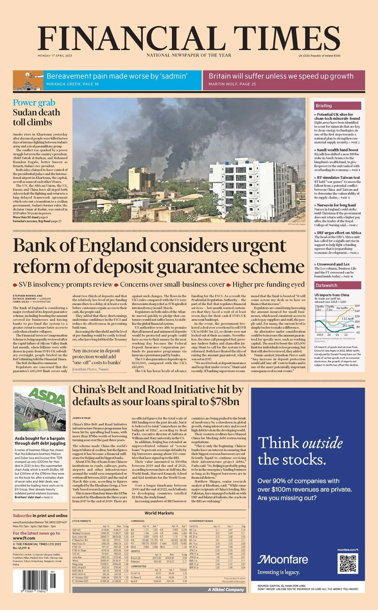 Front page of the Financial Times newspaper with headlines about Sudan conflict, UK bank reform, China's Belt and Road Initiative, and financial markets, including a central image of a city with smoke rising from buildings.