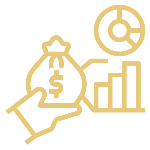 Financial growth and investment analytics icon with a hand holding a money bag, a pie chart, and a bar chart.