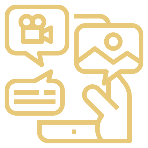 Icons representing video recording, photo sharing, and messaging on a mobile device.