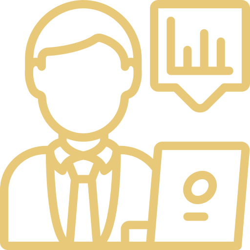 Outline of a person in a business suit with a tie, looking at a chart on a speech bubble and a laptop.