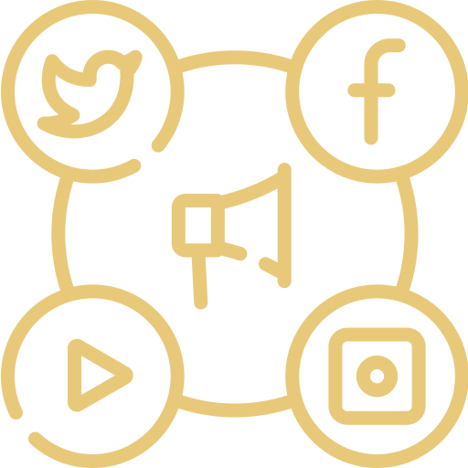 Social media icons for Twitter, Facebook, Instagram, and YouTube surrounding a megaphone icon.