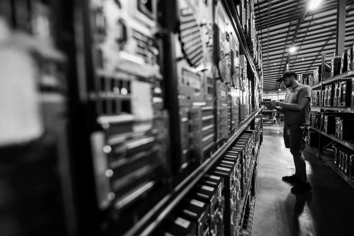 A man wearing a cap and t-shirt browsing products on a shelf in a warehouse or store with high shelves and overhead lighting.