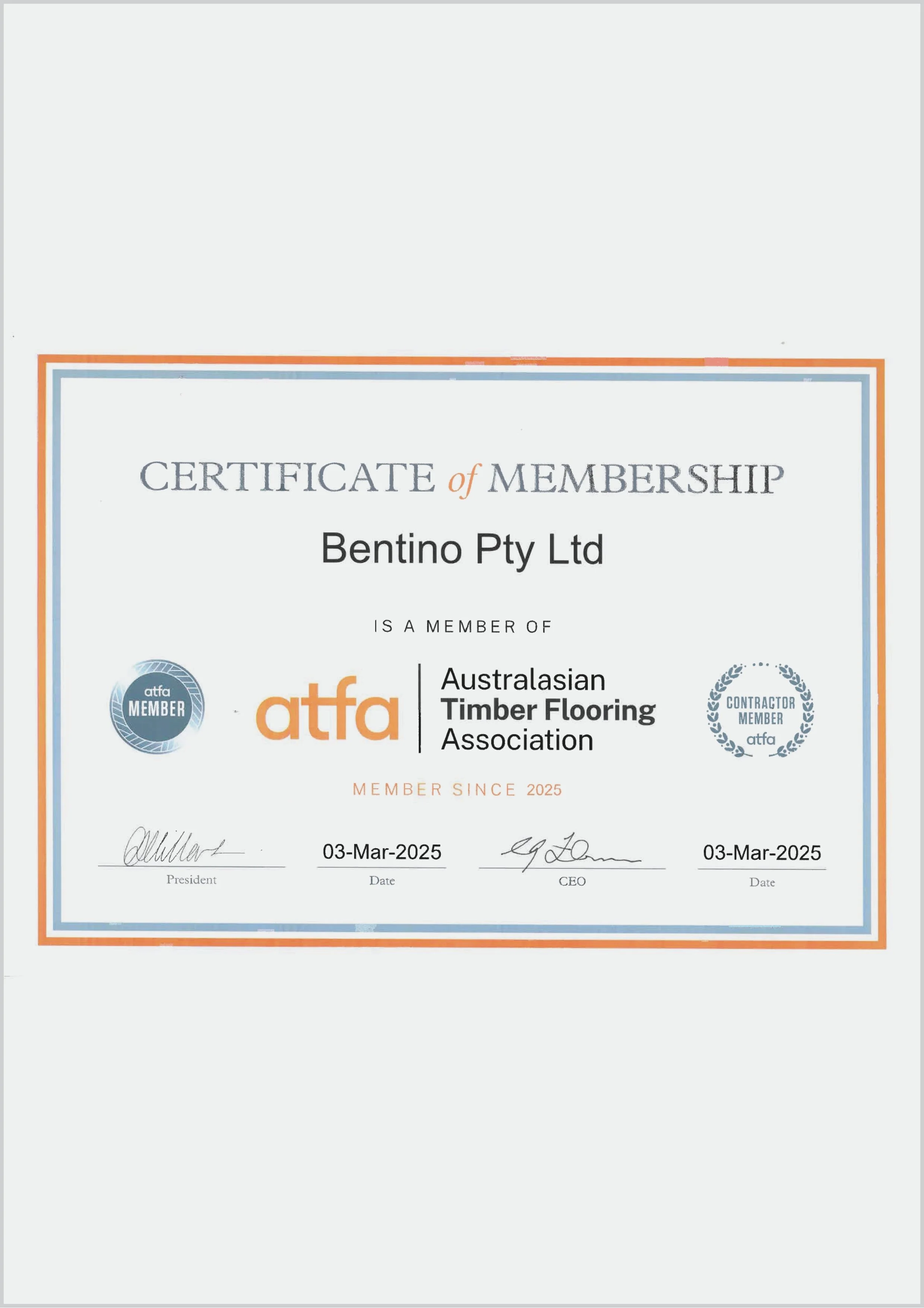A certificate of membership awarded to Bentino Pty Ltd by the Australian Timber Flooring Association, showing signatures, date of March 3, 2025, and membership since 2025, with logos and seals of the association.