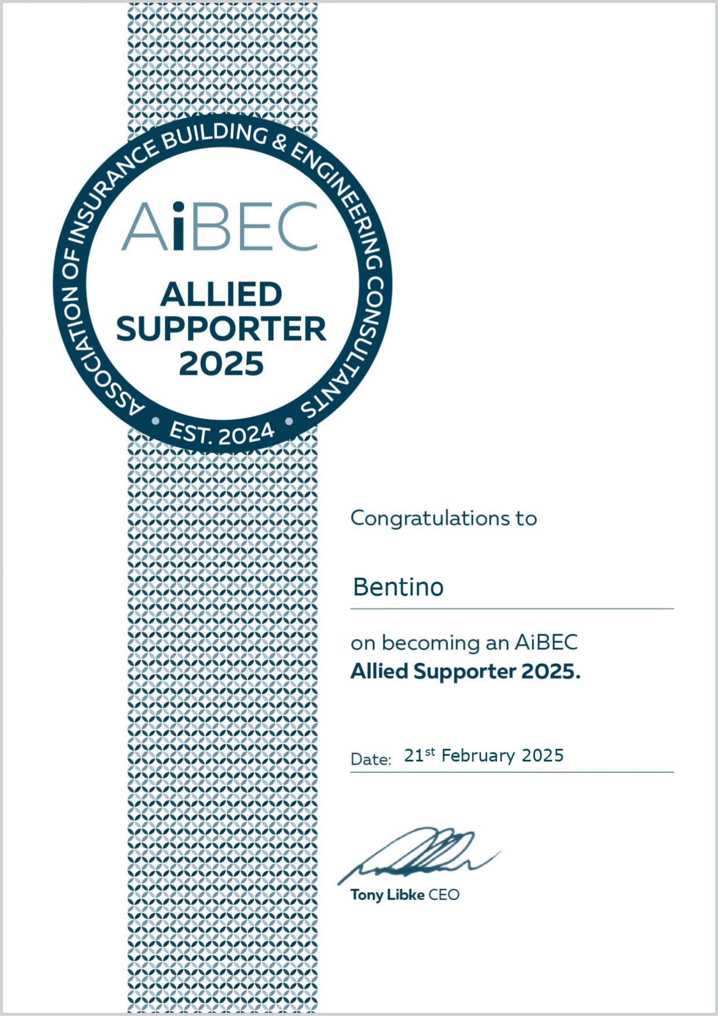 Certificate of becoming an AiBEC Allied Supporter 2025 awarded to Bentino, dated 21st February 2025, signed by Tony Libke, CEO.