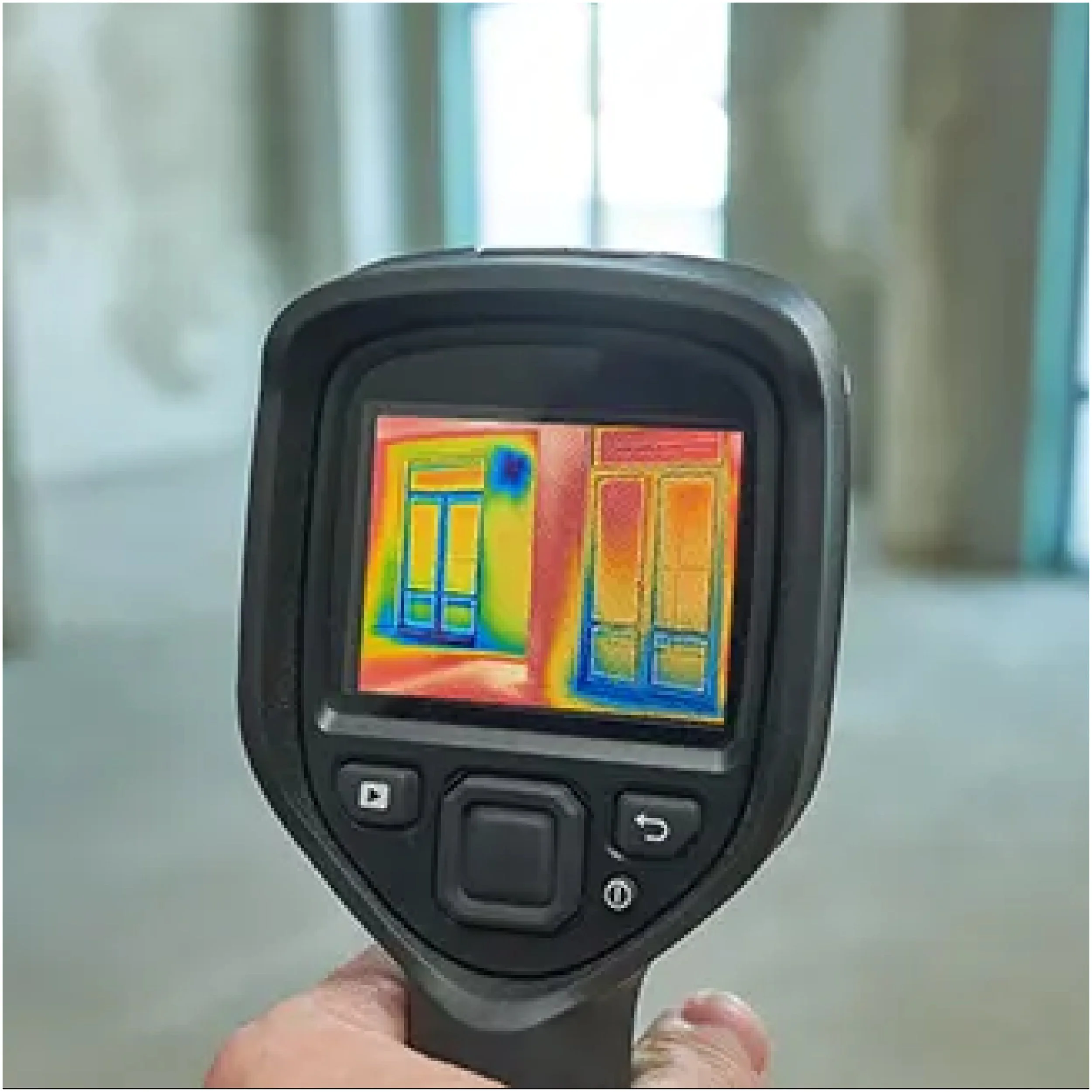 A person holding a black car key remote with a small colored thermal image displayed on the screen.