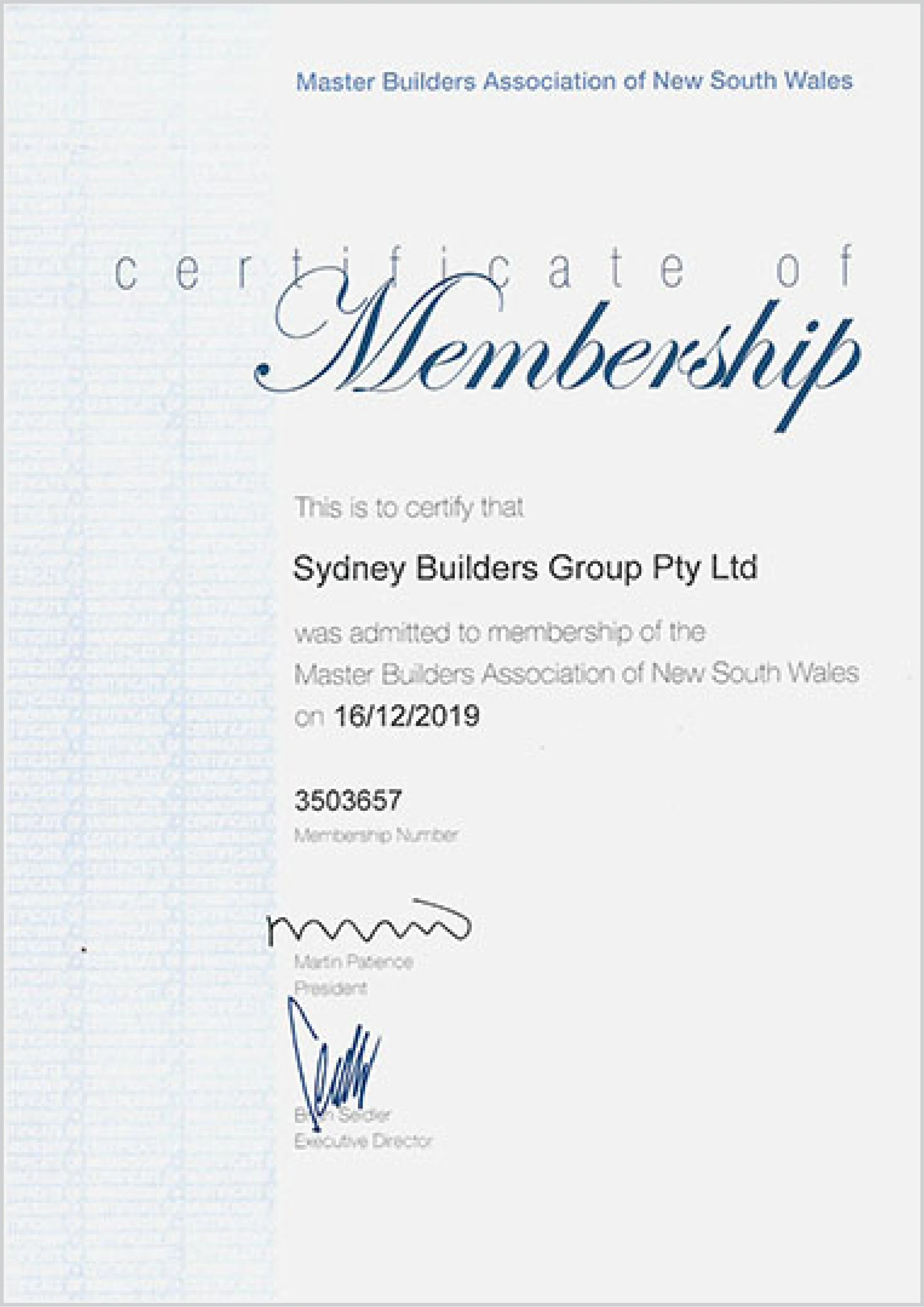 Certificate of Membership for Master Builders Association of New South Wales issued to Sydney Builders Group Pty Ltd on December 16, 2019, with signatures and official stamps.