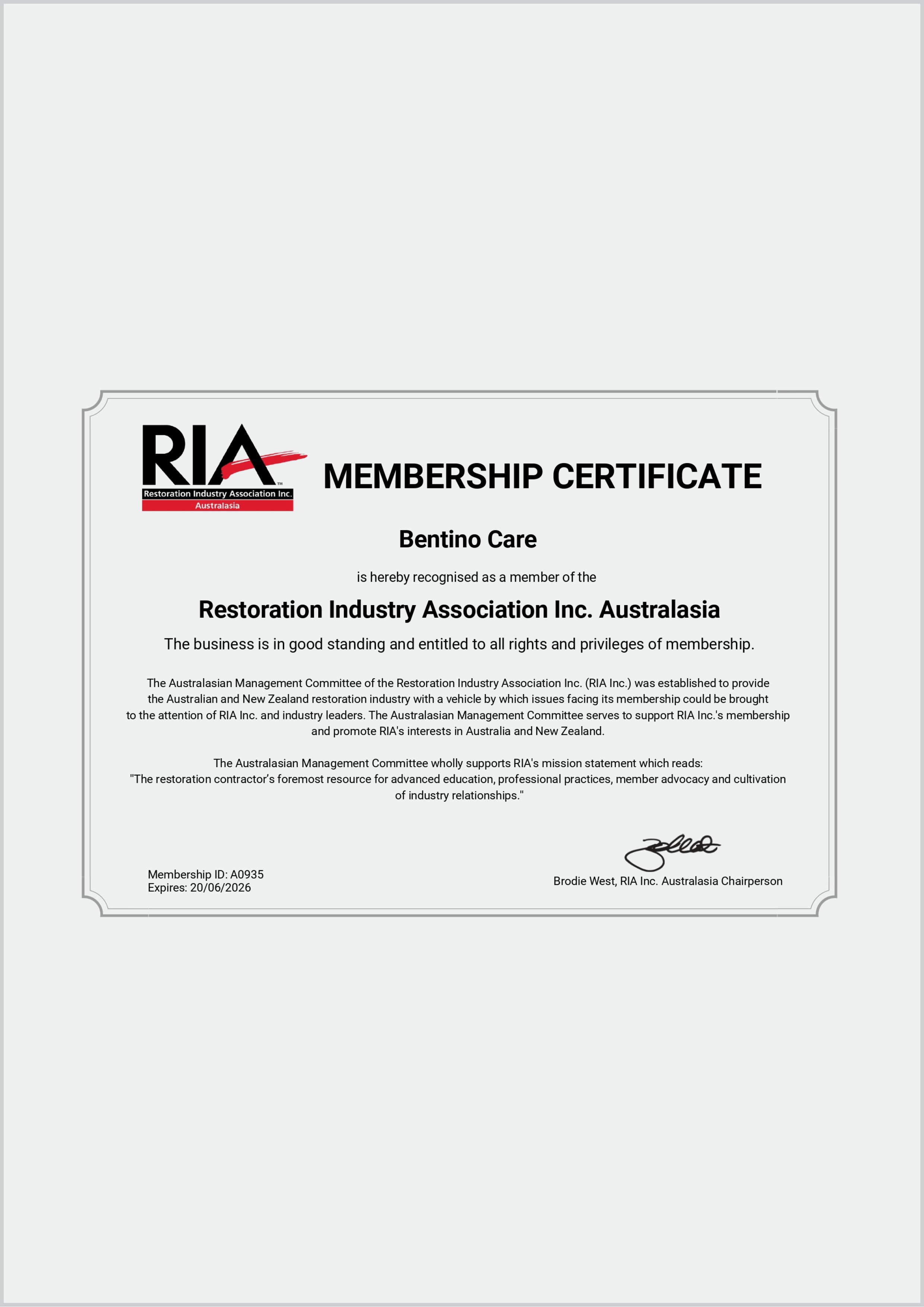 Restoration Industry Association Australia membership certificate issued to Bentino Care, signed by Brodie West, with membership ID A0935, expiring on June 20, 2026.